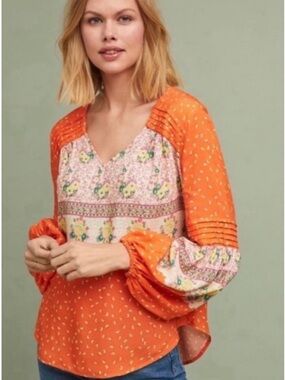 Anthropologie Maeve Ceresco Orange Floral Peasant Blouse size medium